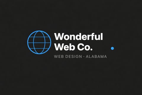 Wonderful Web Co. logo with blue globe icon and text Web Design Alabama on dark background
